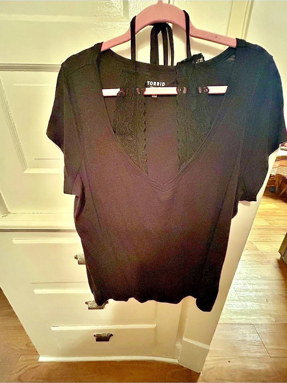 Torrid Black V-Neck Tee with Lace Inset & Halter Tie Neck, Size 2 (2X)